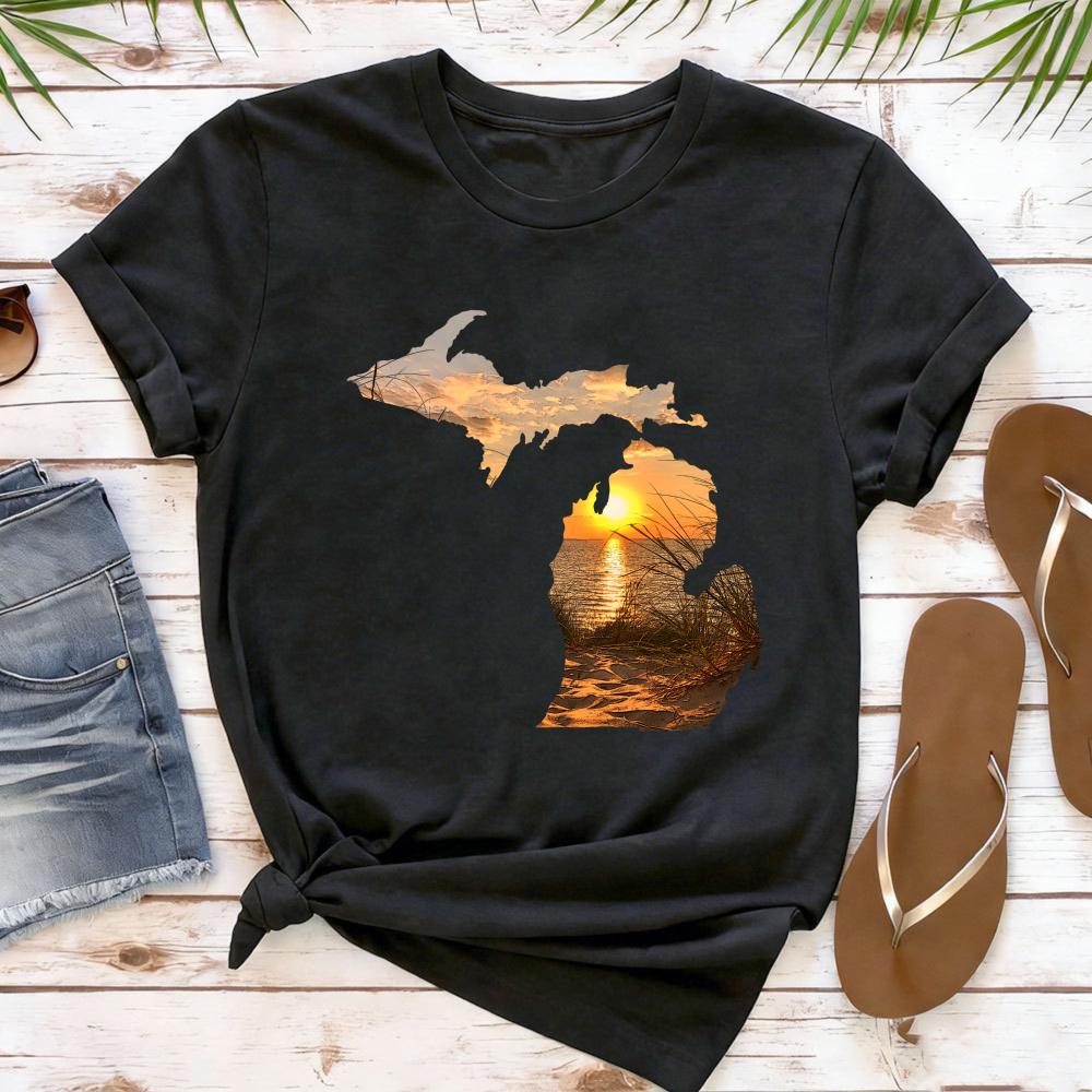 Outdoor Adventure Vacations - Michigan Sunset Map Women T-Shirt Summer